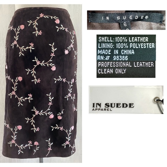 IN SUEDE Women Sz 6 Floral Embroidered Brown Leather Suede A Line Skirt NEW - Picture 1 of 5